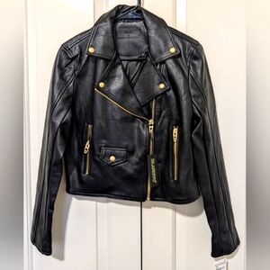 BLANK NYC Womens Black Vegan Leather Moto Graphic Gold Studded Jacket